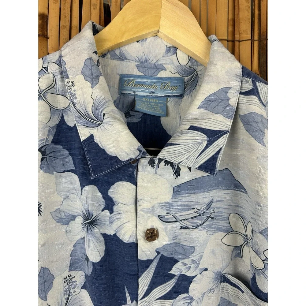 Bermuda Bay 100% Silk Hawaiian Shirt Blue White‎ Short Sleeve Button Up Size 2XL - Picture 3 of 13